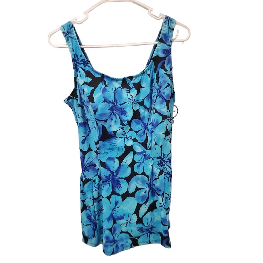 Swimsuits For All Women's Swimdress Size 18 Blue Black Floral Padded Beachy